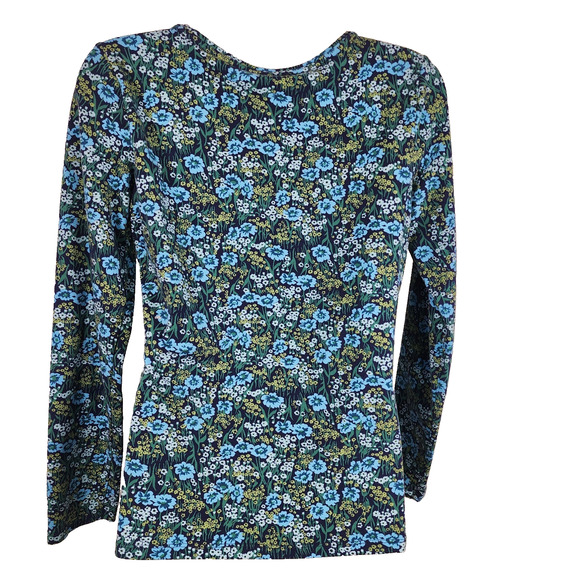 Talbots Floral Fields Crew Neck Tee Cotton Blend Long Sleeve Stretch Blue Green - Picture 2 of 8
